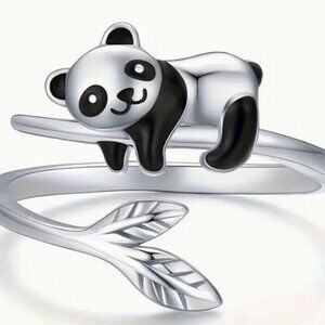 Women's Fashion Black & Silver accents Panda Finger Ring Adjustable One size